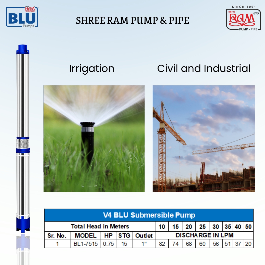 V4 BLU Submersible Pump 0.75 HP X 15 Stg Single Ø