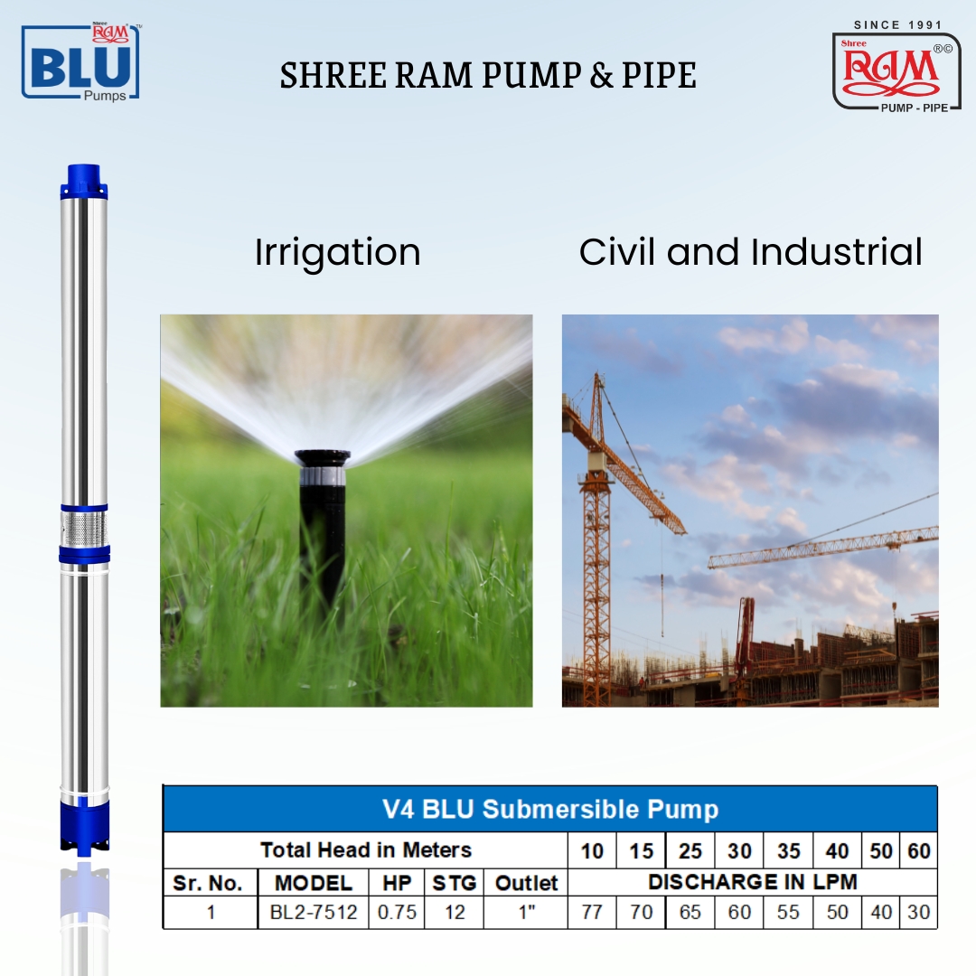 V4 BLU Submersible Pump 0.75 HP X 12 Stg Three Ø