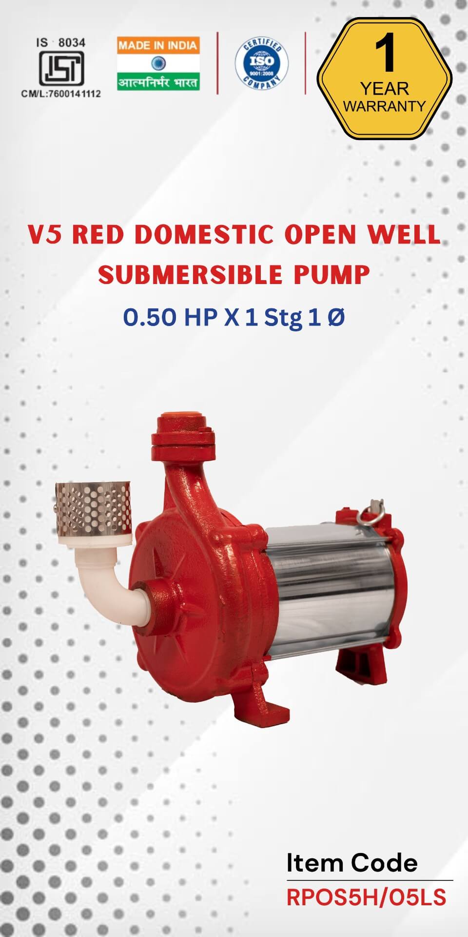 V5 RED Domestic Open Well Submersible Pump 0.5 HP 1 Ø 