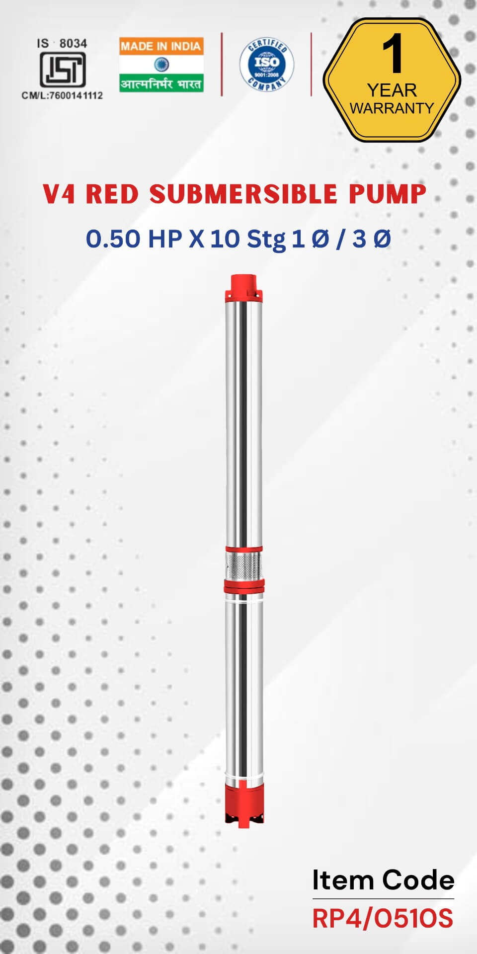 V4 RED Submersible Pump 0.5 HP X 10 Stg 1 Ø / 3 Ø