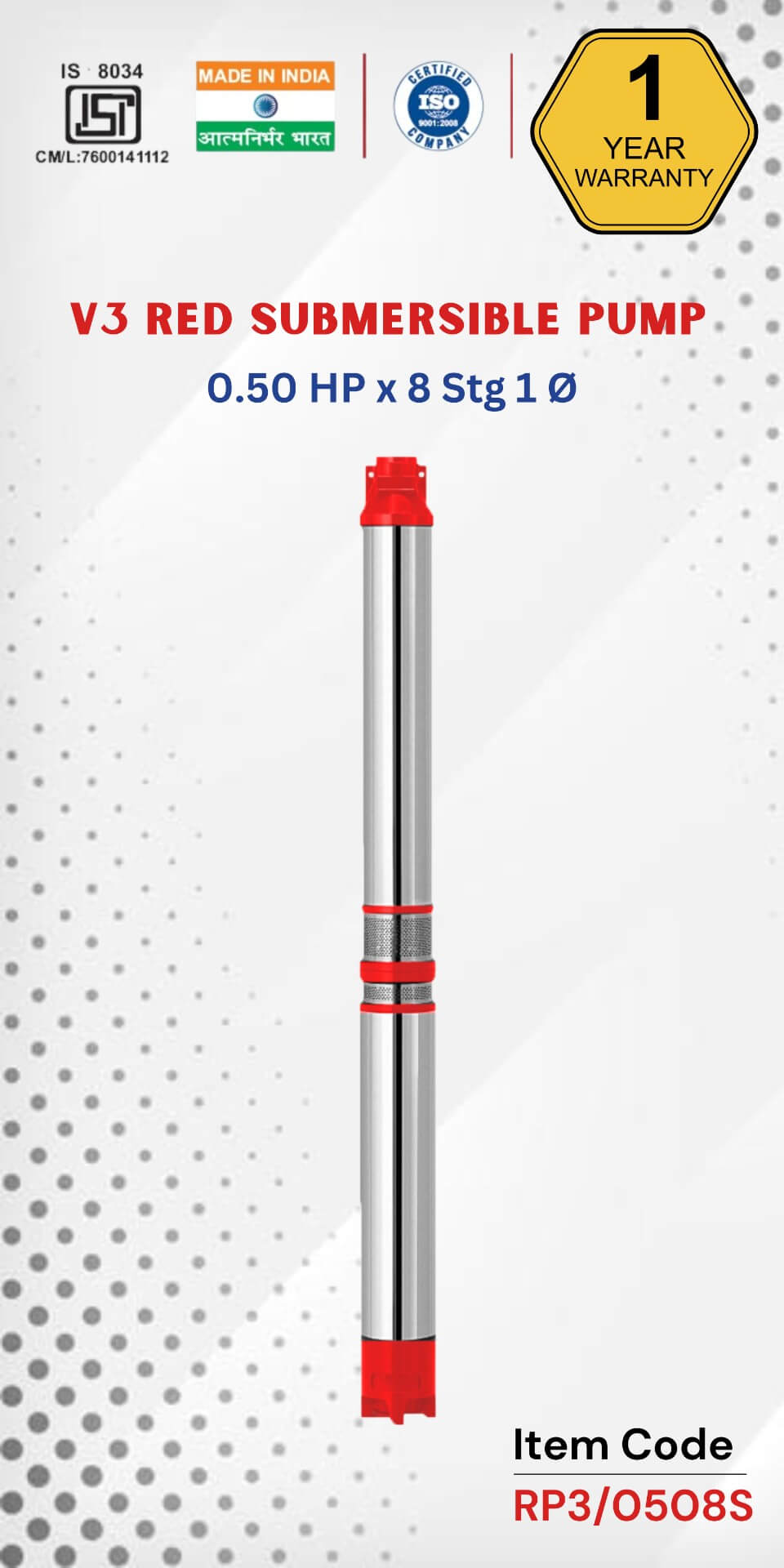 V3 RED Submersible Pump 0.5 HP X 8 Stg 1 Ø
