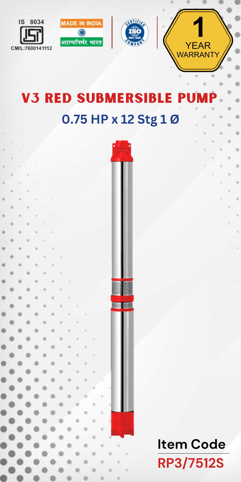 V3 RED Submersible Pump 0.75 HP X 12 Stg 1 Ø