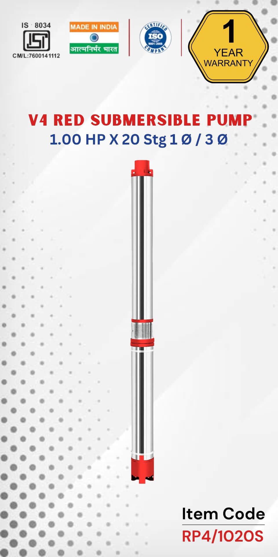 V4 RED Submersible Pump 1 HP X 20 Stg 1 Ø / 3 Ø