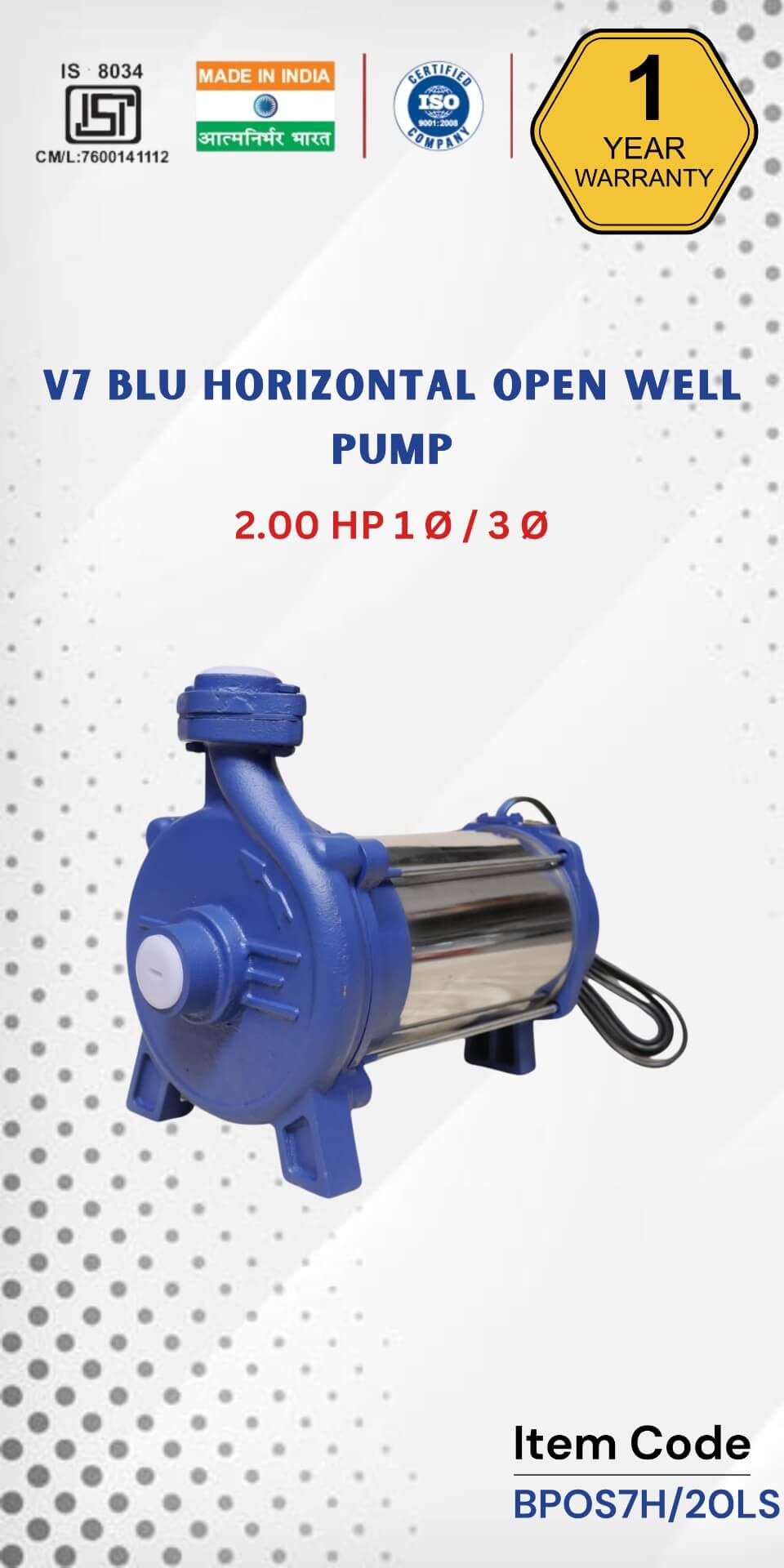  V7 BLU Horizontal Open Well Pump 2 HP 1 Ø / 3 Ø