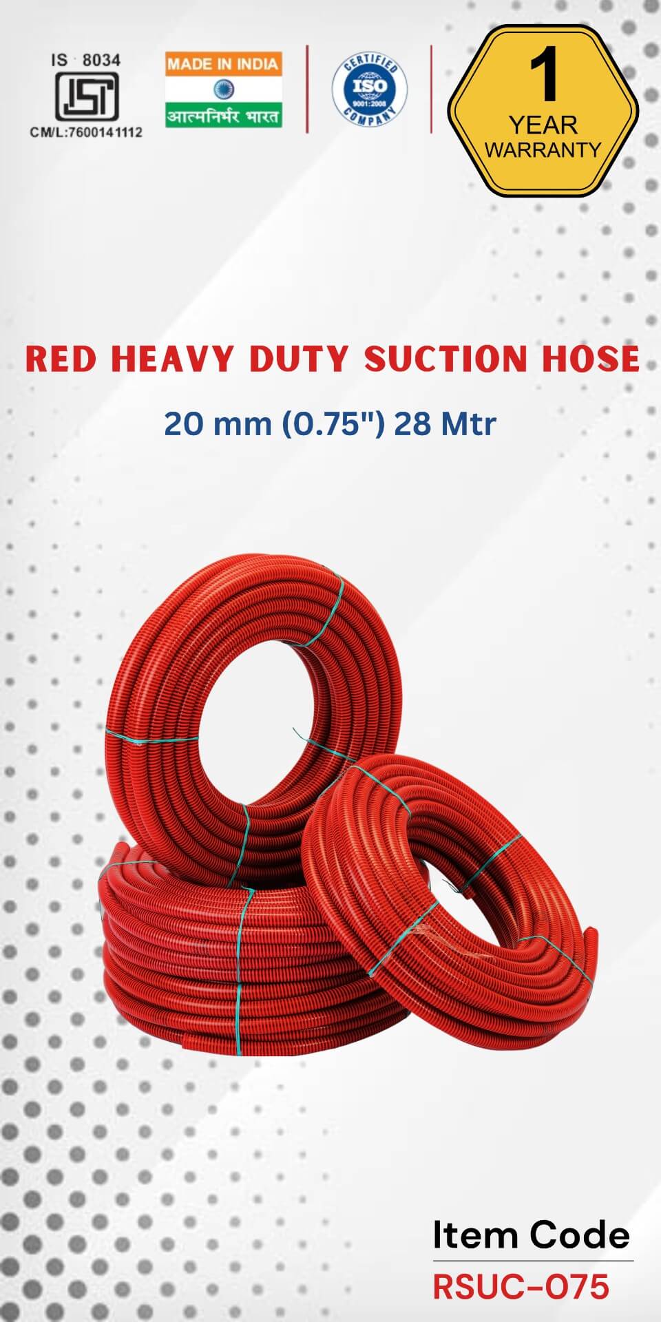 RED Heavy Duty Suction Hose 20 mm (0.75&quot;) 28 Mtr