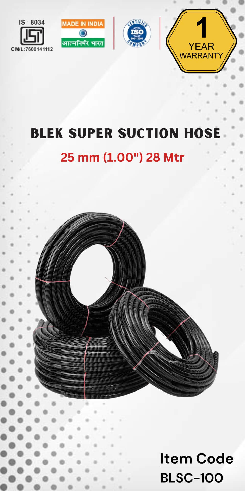 BLEK Super Suction Hose 25 mm (1.00&quot;) 28 Mtr