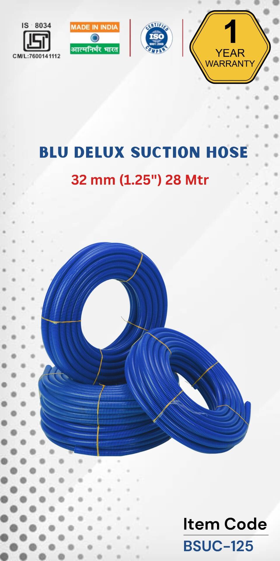 BLU Delux Suction Hose 32 mm (1.25&quot;) 28 Mtr