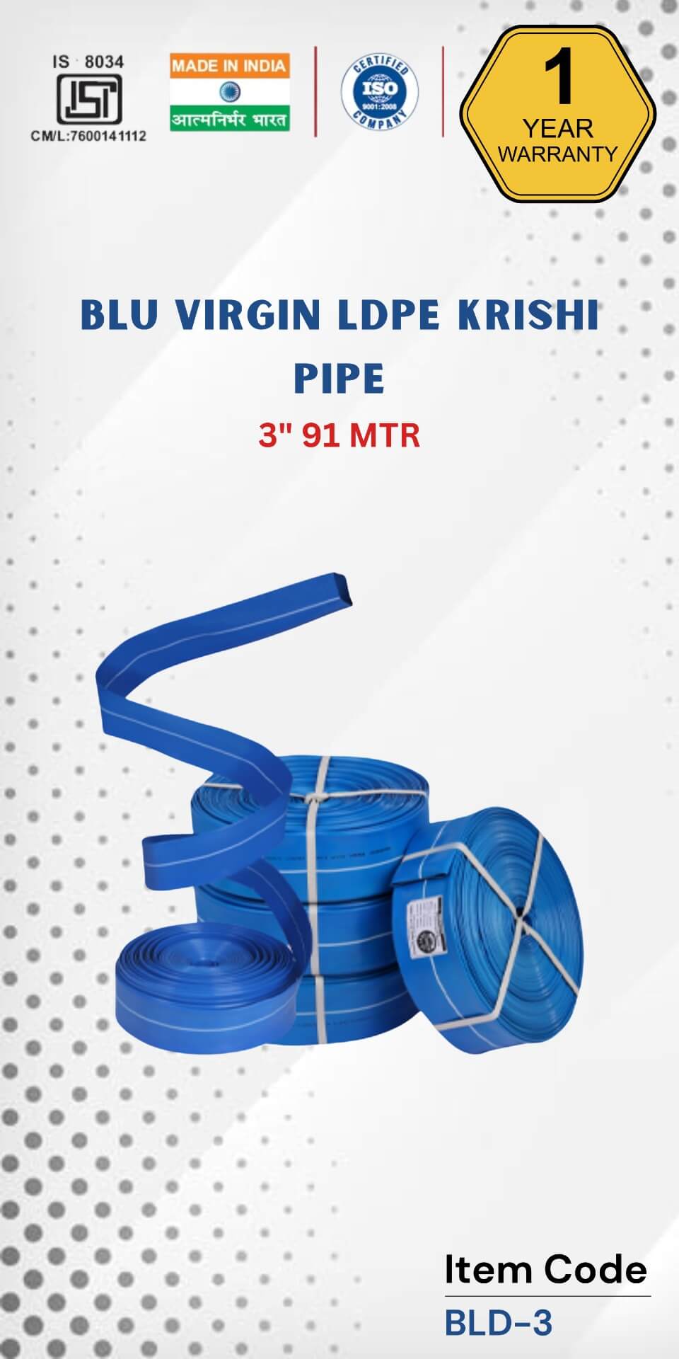 BLU Virgin LDPE Krishi Pipe 3&quot; 91 Mtr