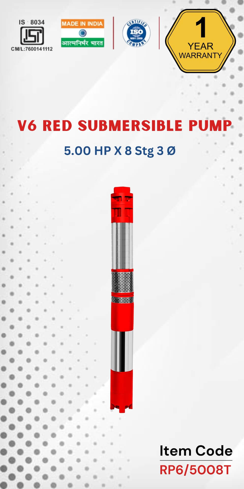  V6 RED Submersible Pump 5 HP X 8 Stg 3 Ø