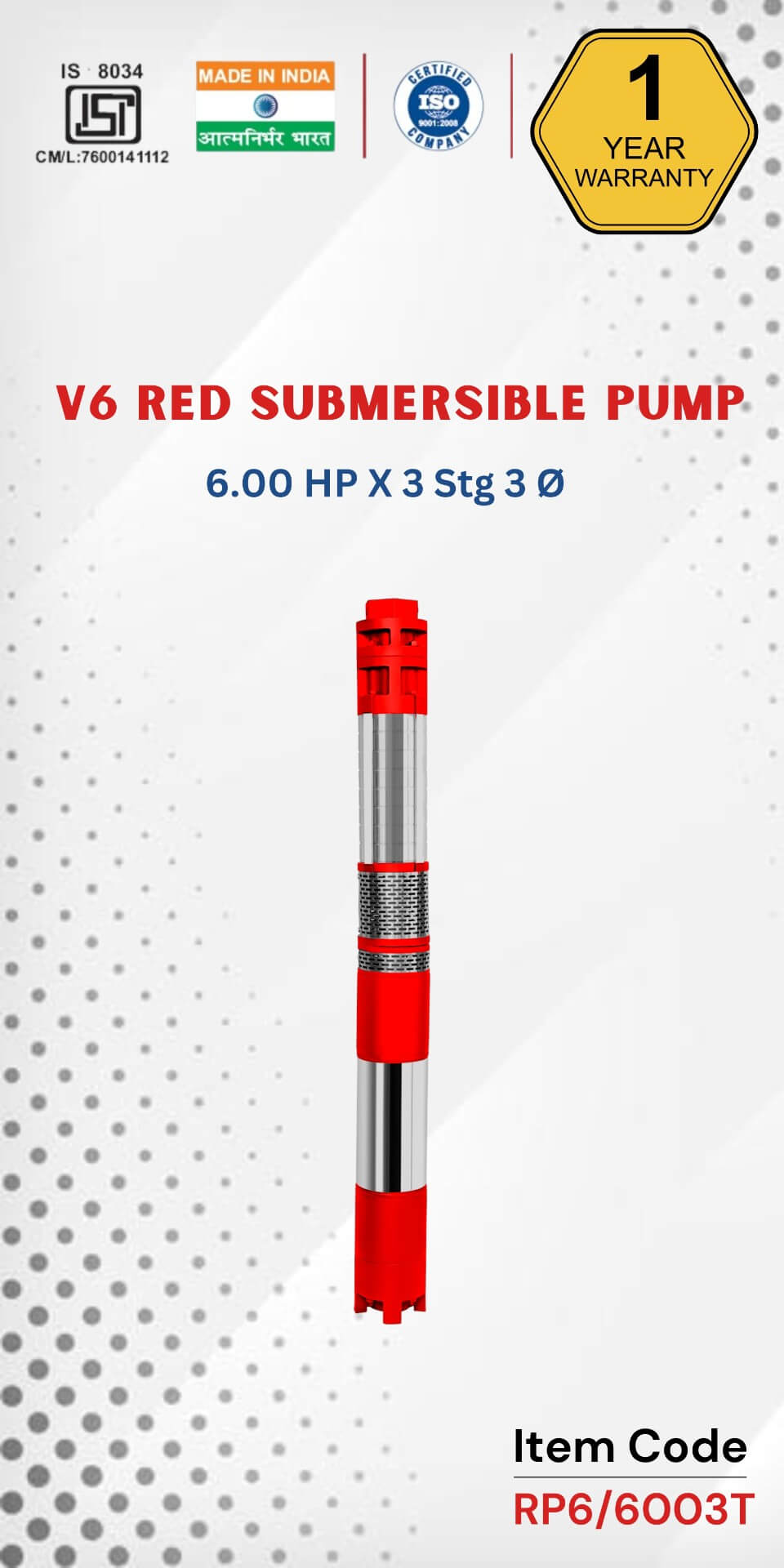  V6 RED Submersible Pump 6 HP X 3 Stg 3 Ø