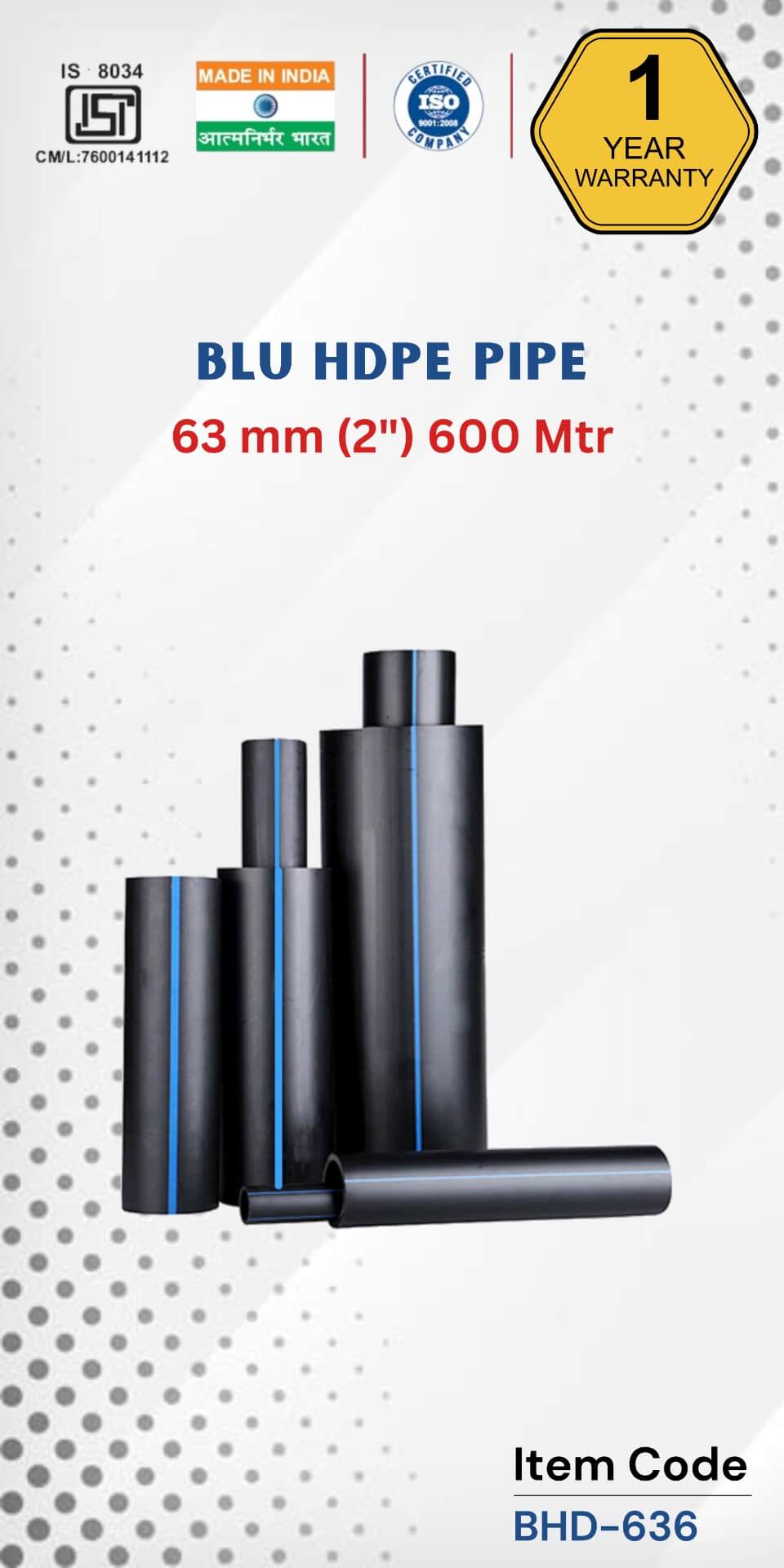 BLU HDPE Pipe 63 mm (2&quot;) 600 Mtr