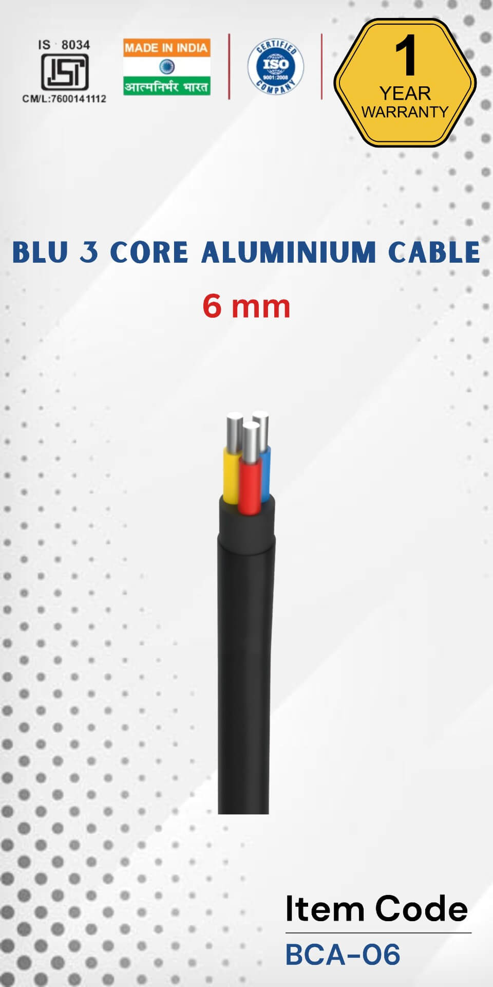 BLU 3 Core Aluminium Cable 6 mm 