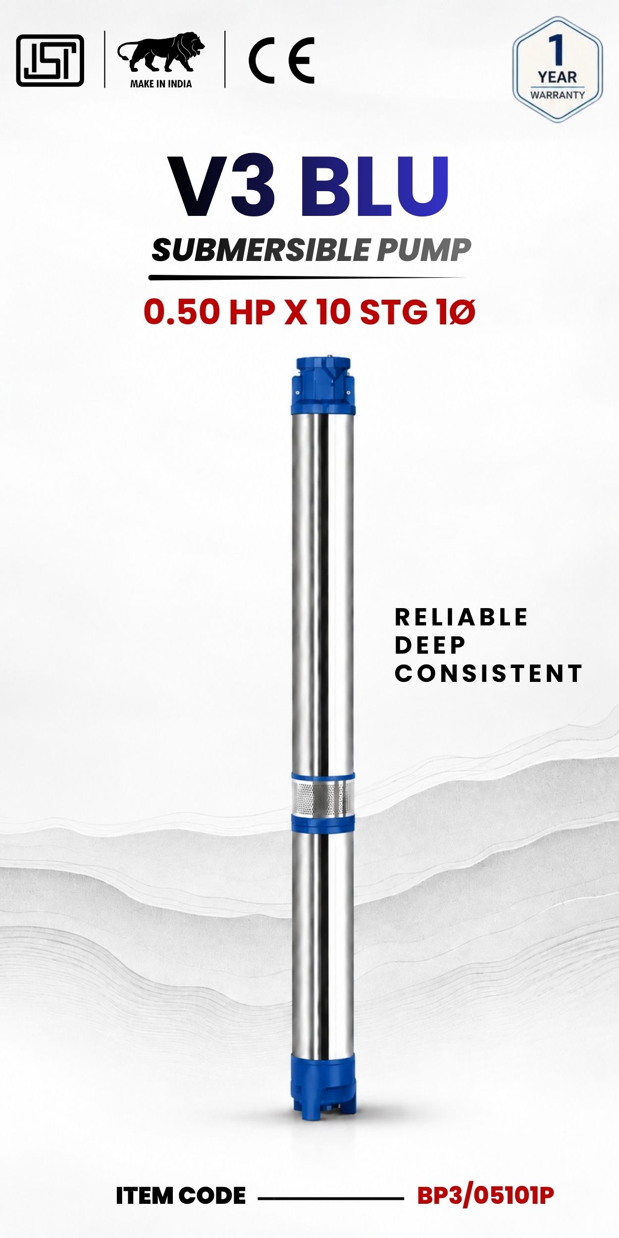 V3 BLU Submersible Pump 0.50 HP X 10 Stg 1P