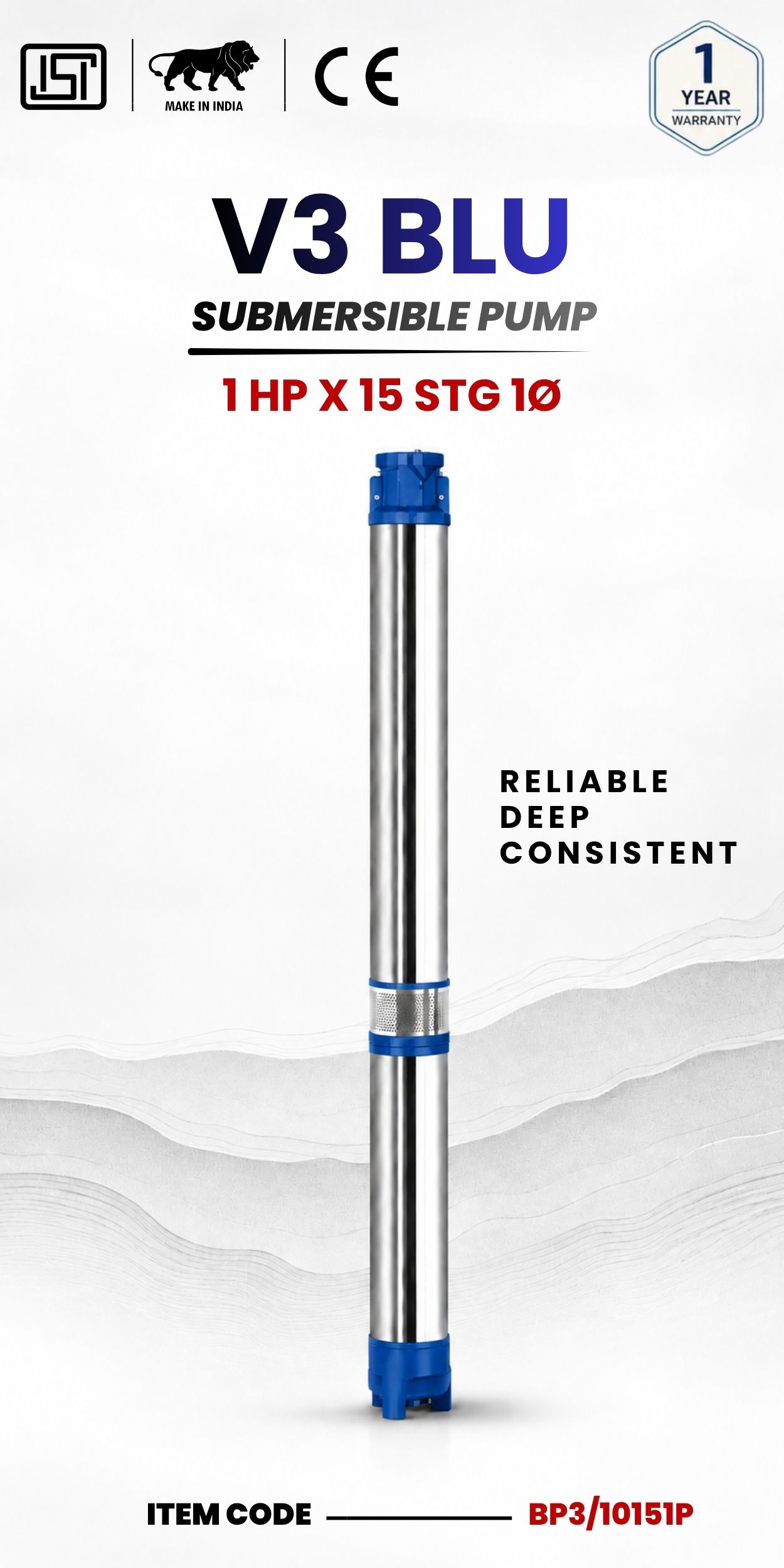 V3 BLU Submersible Pump 1 HP X 15 Stg 1P