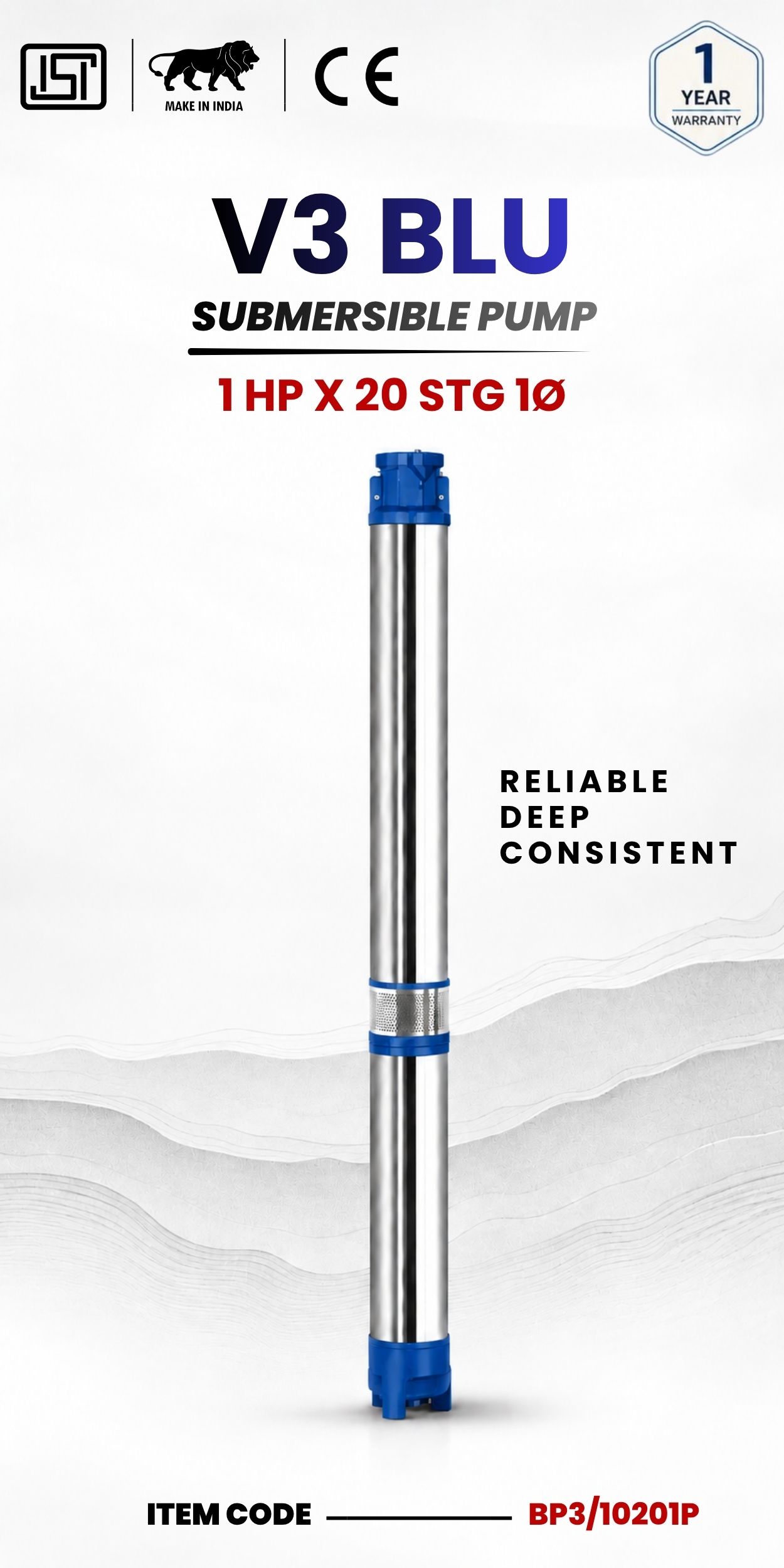 V3 BLU Submersible Pump 1 HP X 20 Stg 1P