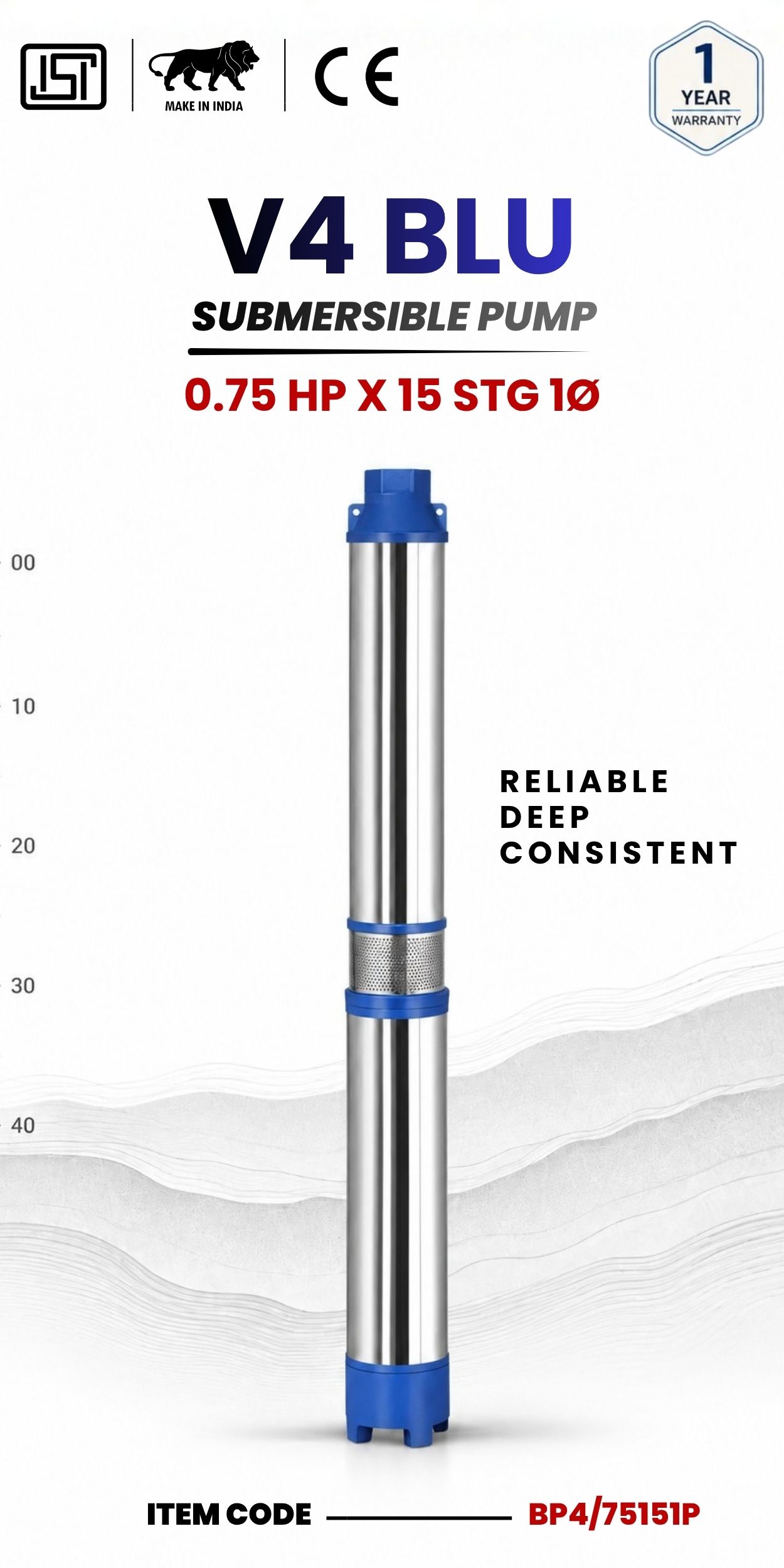 V4 BLU Submersible Pump 0.75 HP X 15 Stg 1P