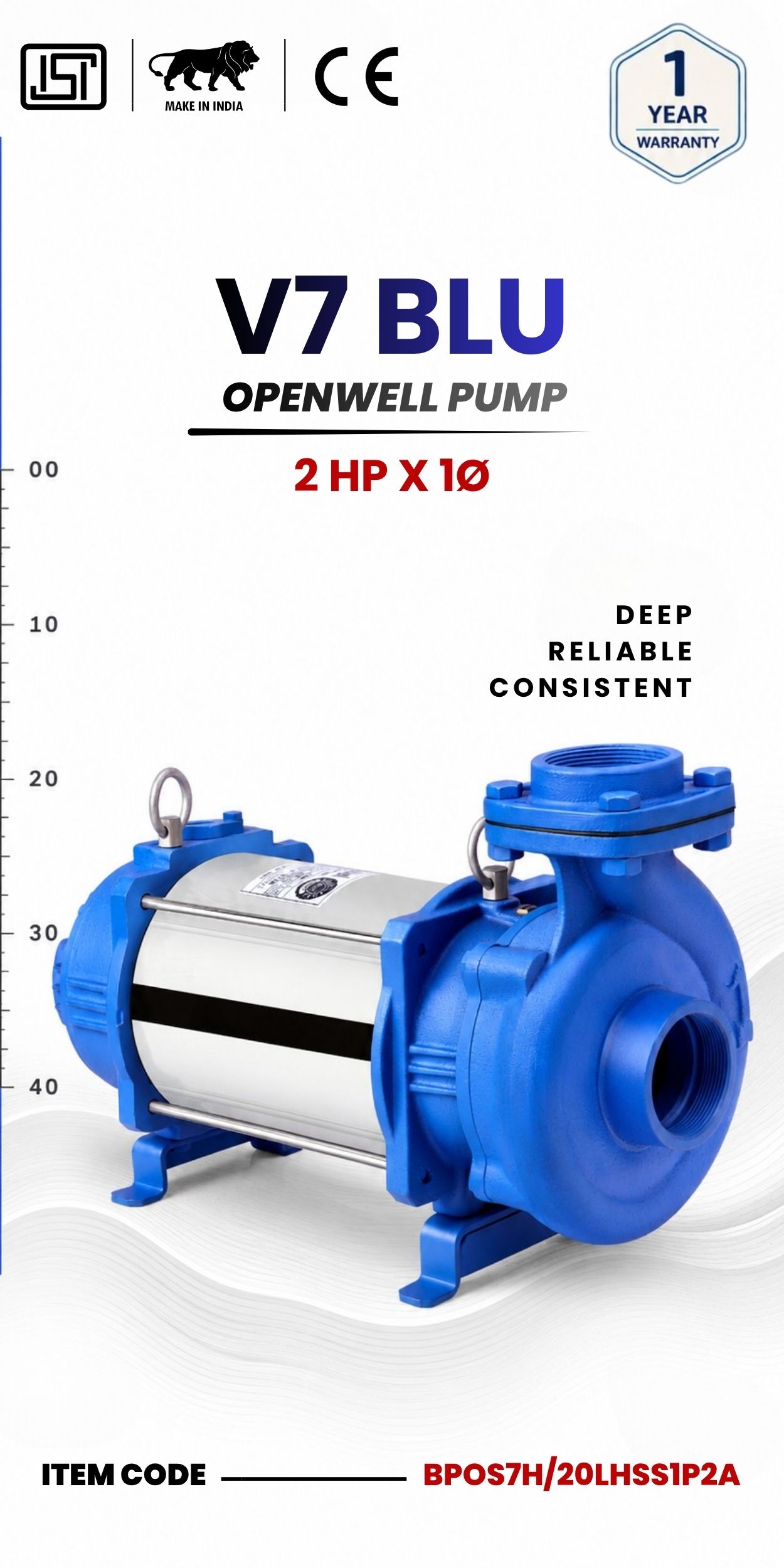 V7 BLU Domestic Open Well Submersible Pump (SS Body) 2 HP X 1P