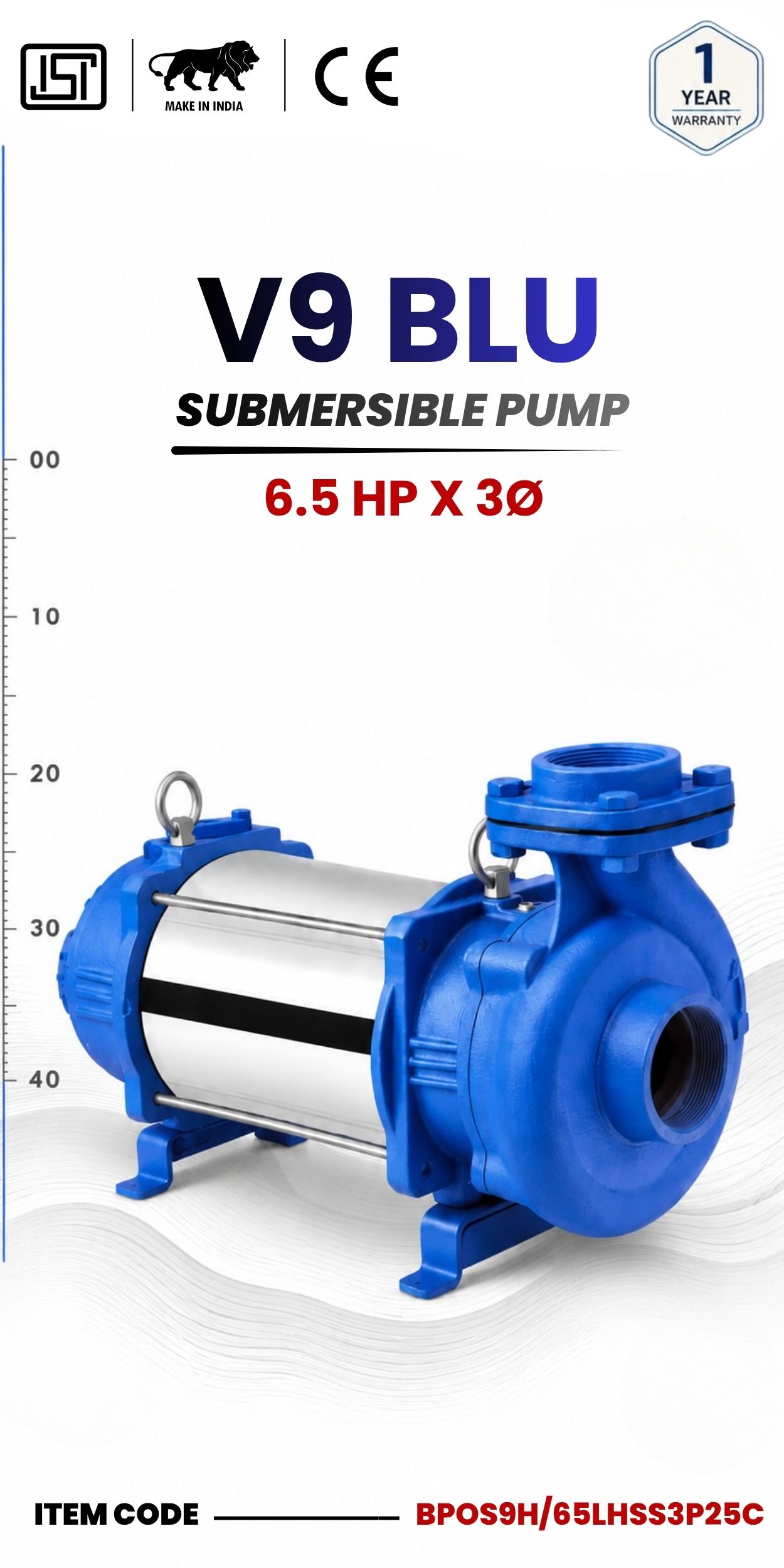 V9 BLU Horizontal Open Well Submersible Pump (SS Body) 6.5 HP X 3P