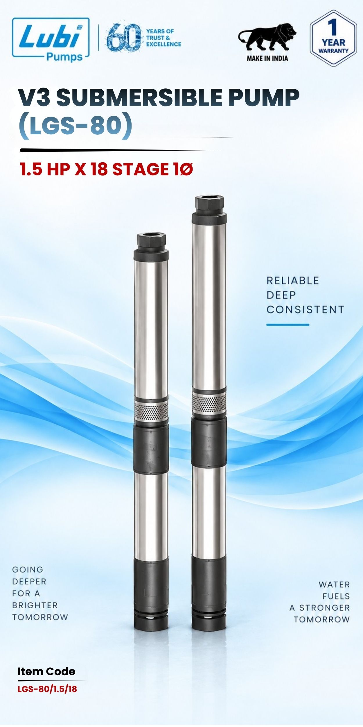 V3 Submersible Pump (LGS-80) 1.5 HP X 18 Stage 1P