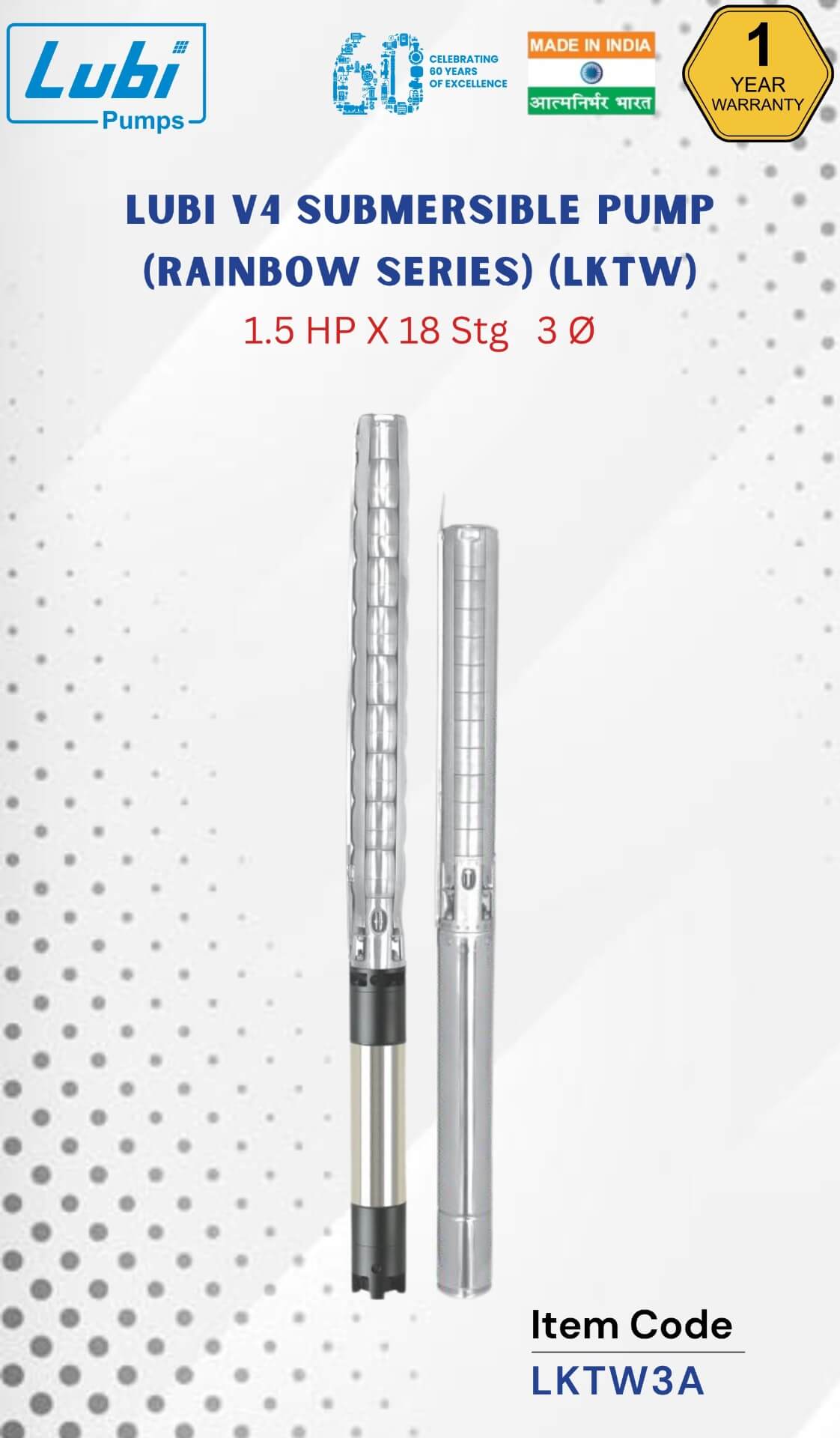 LUBI V4 Complete SS Pump with Cladded Motor (LKTW) 1.50 HP X 18 Stage