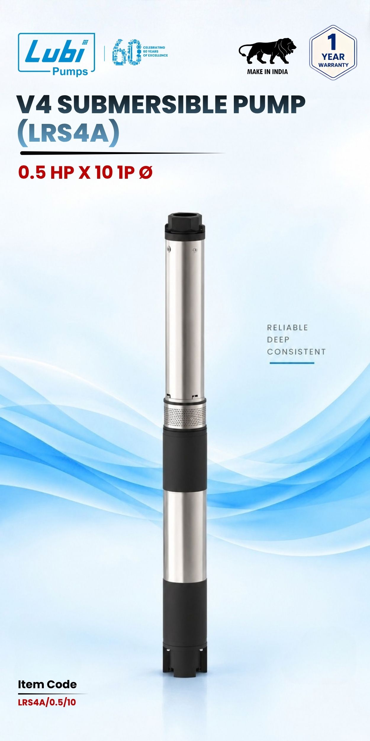 V4 Submersible Pump (LRS4A) 0.5 HP X 10 Stage 1P