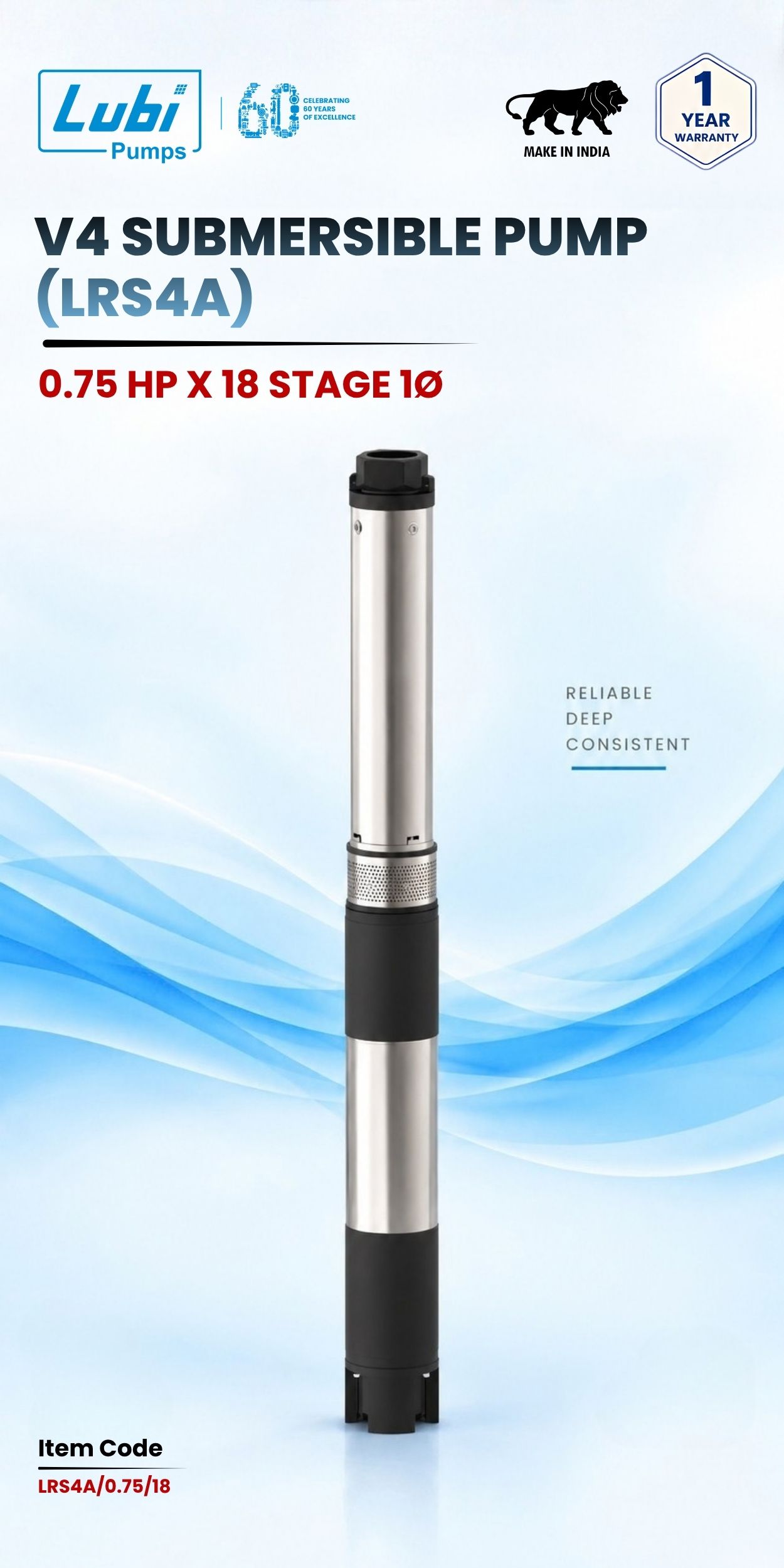 V4 Submersible Pump (LRS4A) 0.75 HP X 18 Stage 1P
