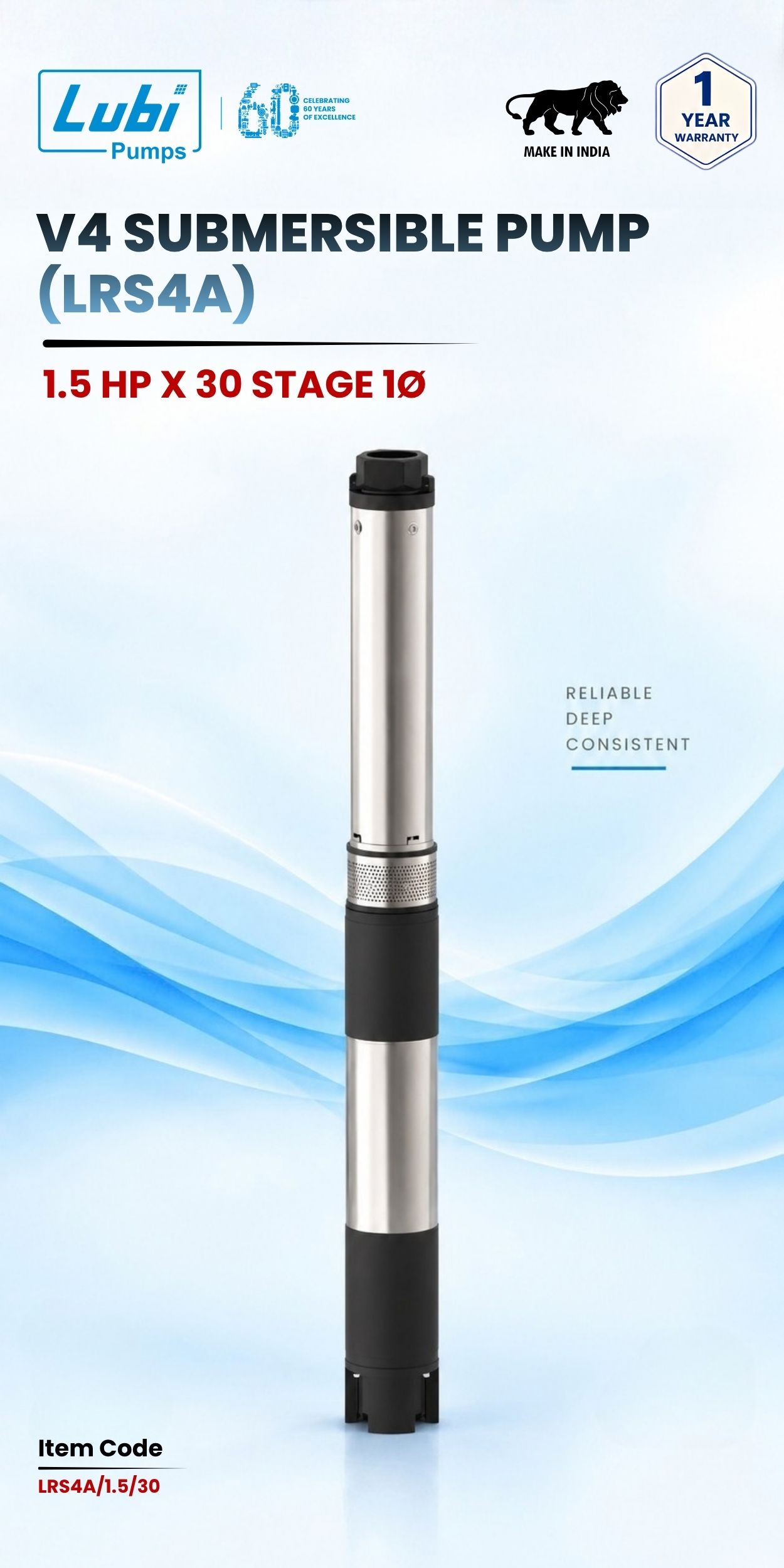 V4 Submersible Pump (LRS4A) 1.5 HP X 30 Stage 1P