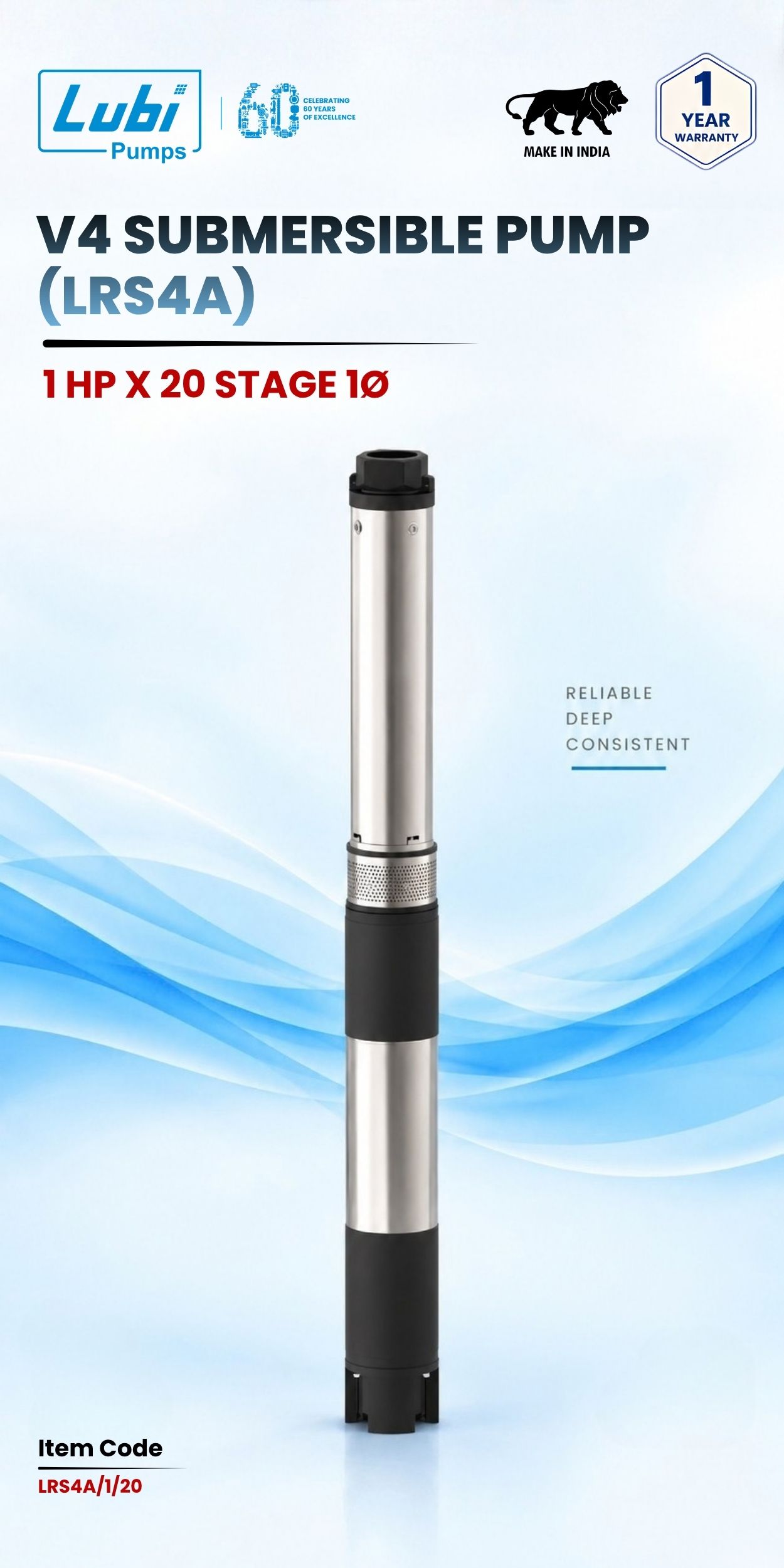 V4 Submersible Pump (LRS4A) 1 HP X 20 Stage 1P