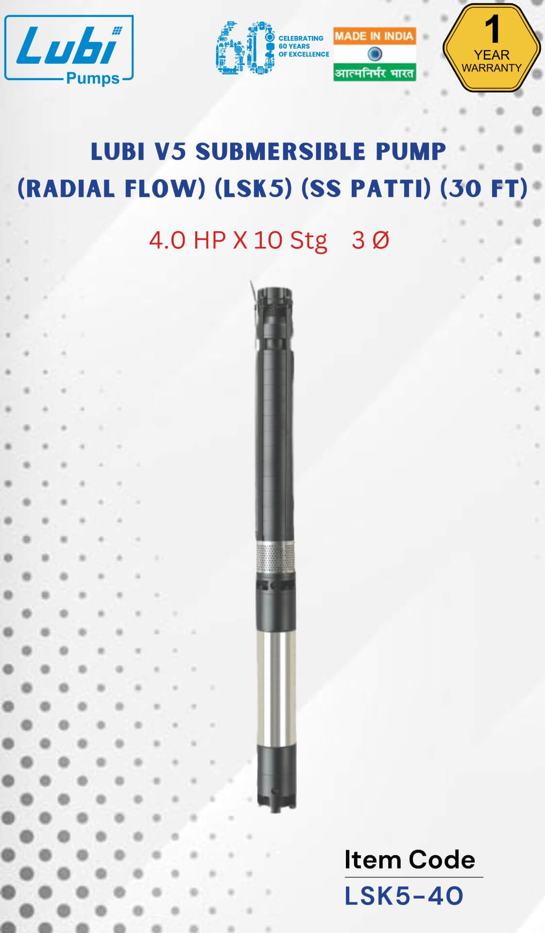 LUBI V5 Submersible Pump (LSK5) 4.00 HP X 10 Stage