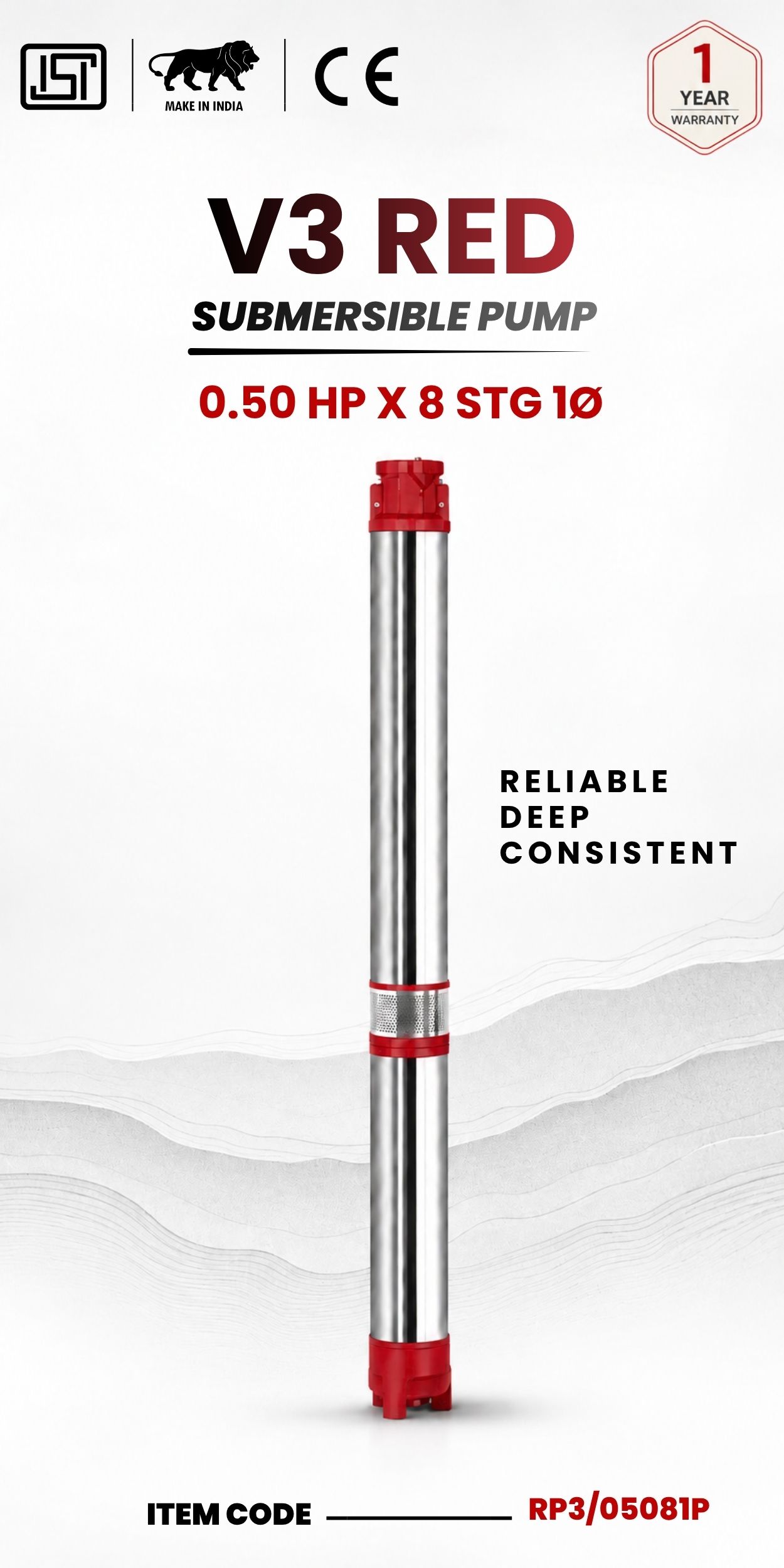V3 RED Submersible Pump 0.50 HP X 8 Stg 1P