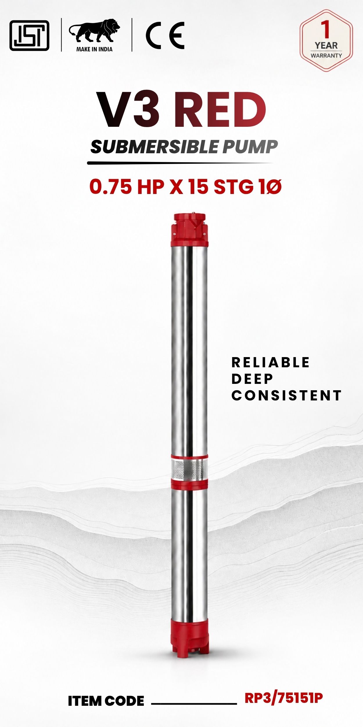 V3 RED Submersible Pump 0.75 HP X 15 Stg 1P