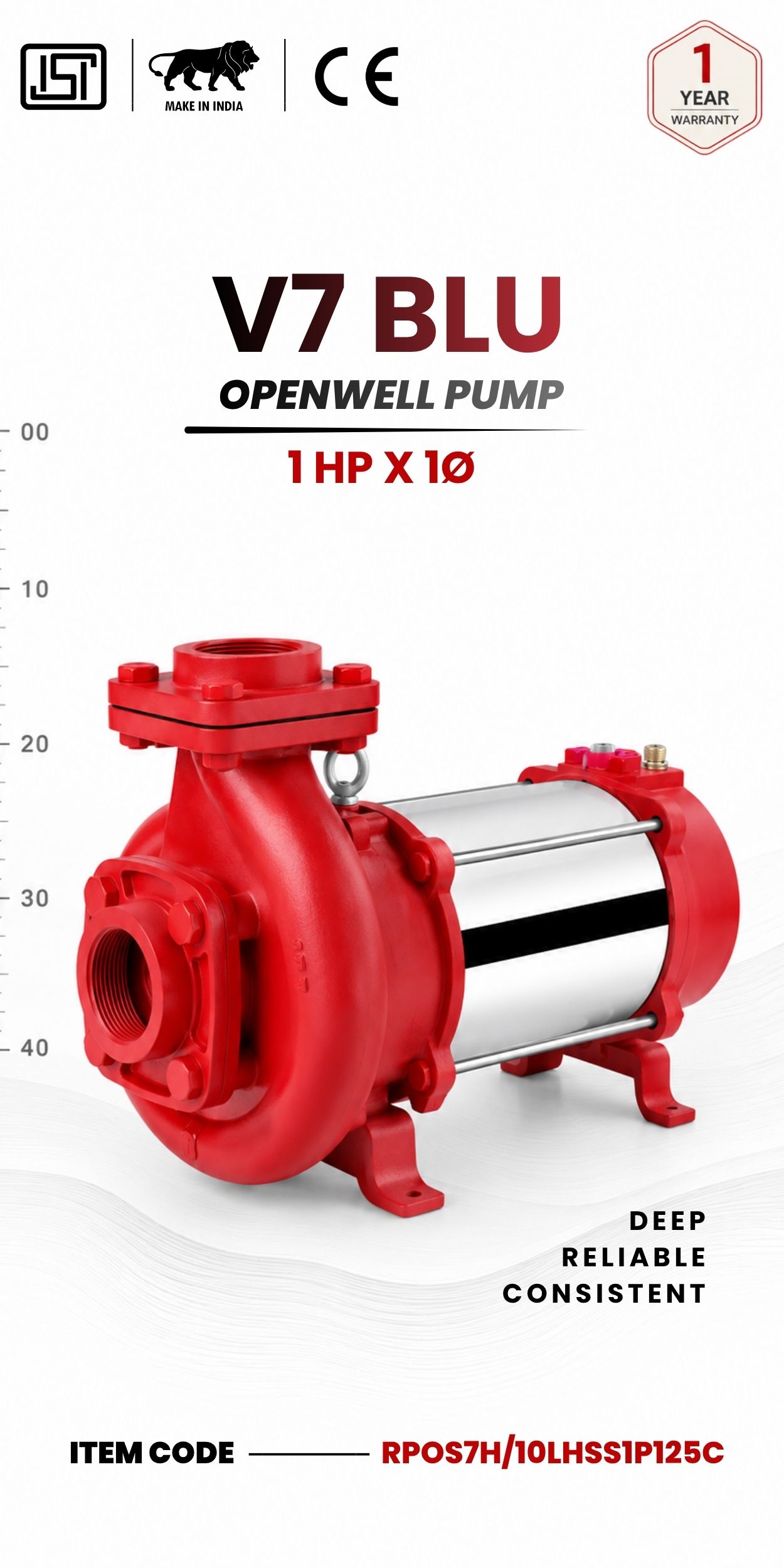 V7 RED Horizontal Open Well Submersible Pump 1 HP X  1p