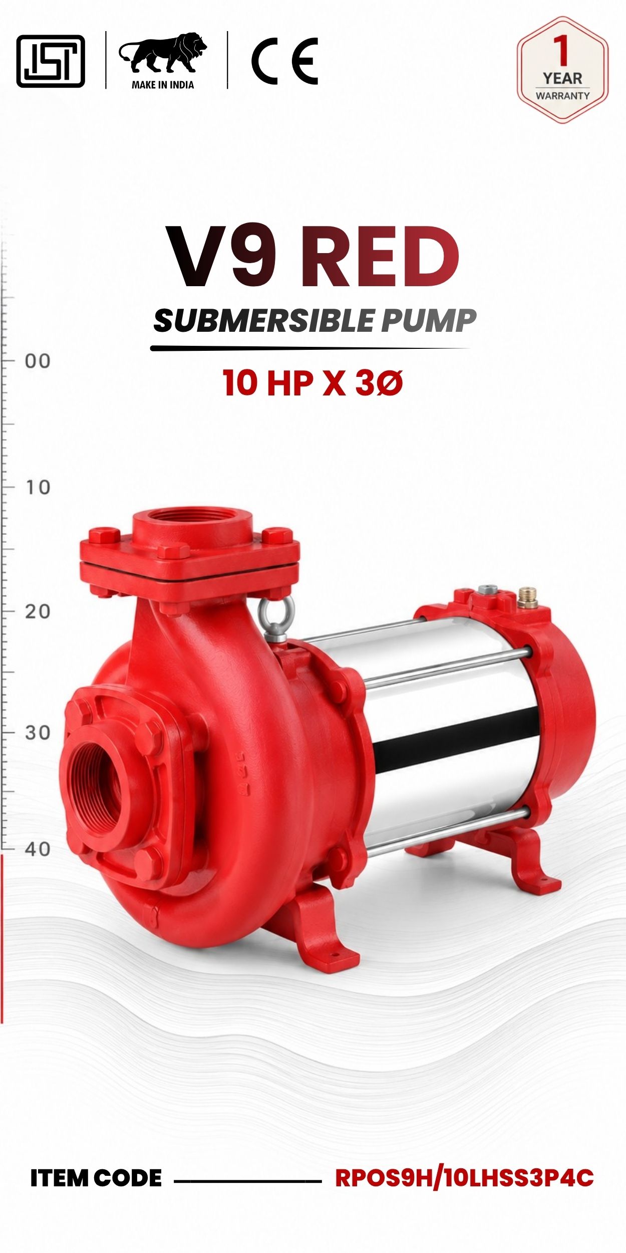 V9 RED Horizontal Open Well Submersible Pump 10 HP X 3p